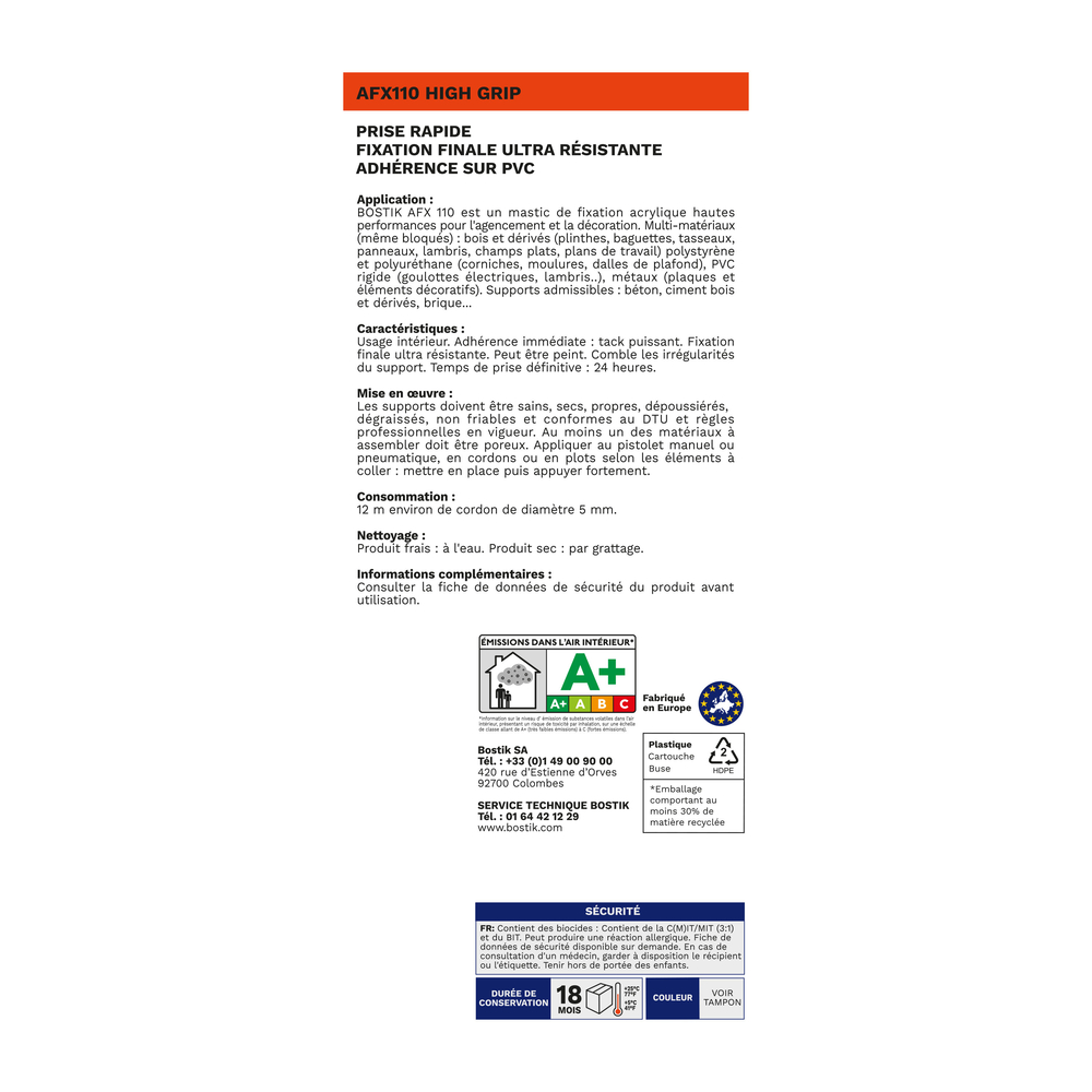 Mastic acrylique de fixation intérieur Mastic AFX 110 - 310ml - Lot de 12 - BOSTIK - 30613547