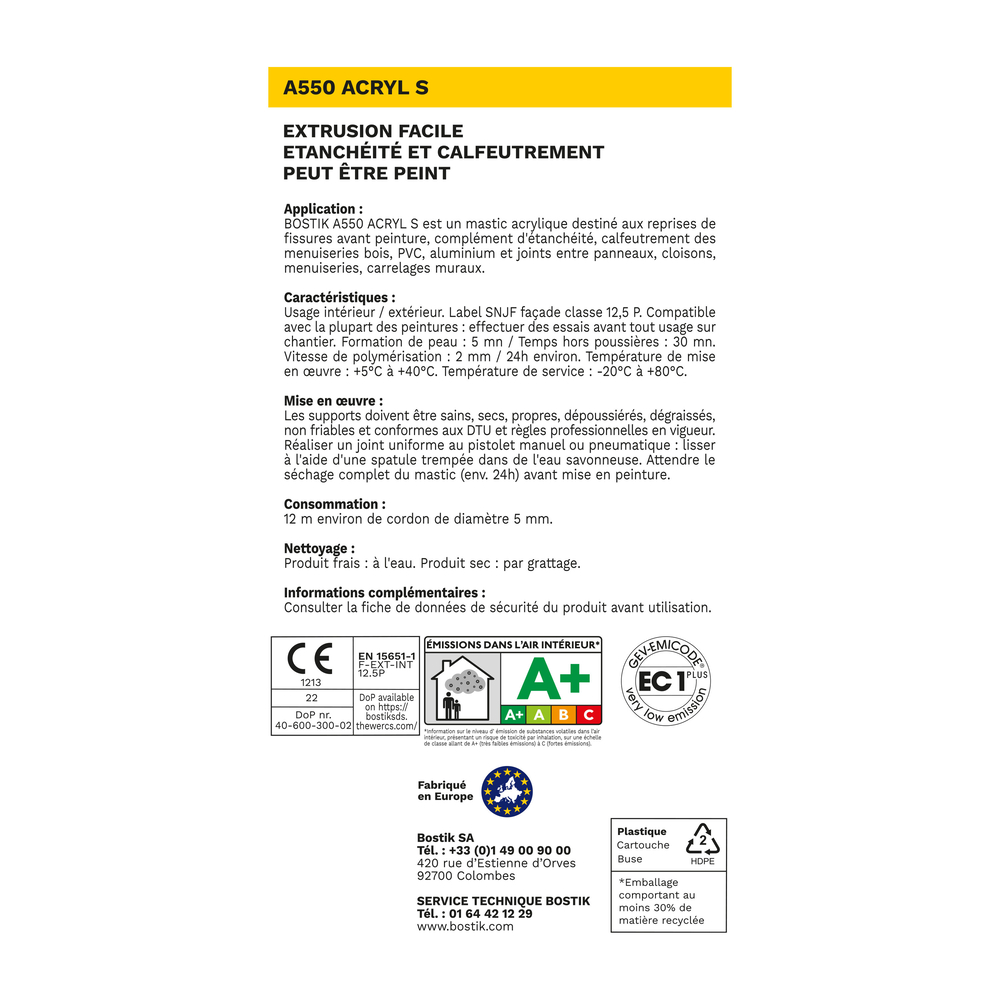 Mastic acrylique ACRYL S - blanc 310 ml - Lot de 12 - BOSTIK - 30613629