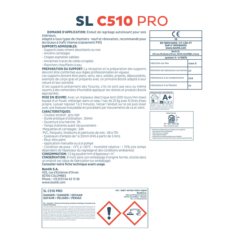 Enduit de sol très hautes résistances SL C510 Pro Gris - 25kg - BOSTIK - 30615449