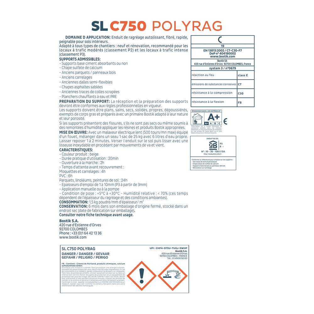 Enduit de ragréage de sol fibré rapide SL C750 Polyrag - Sac 25kg - BOSTIK - 30615457