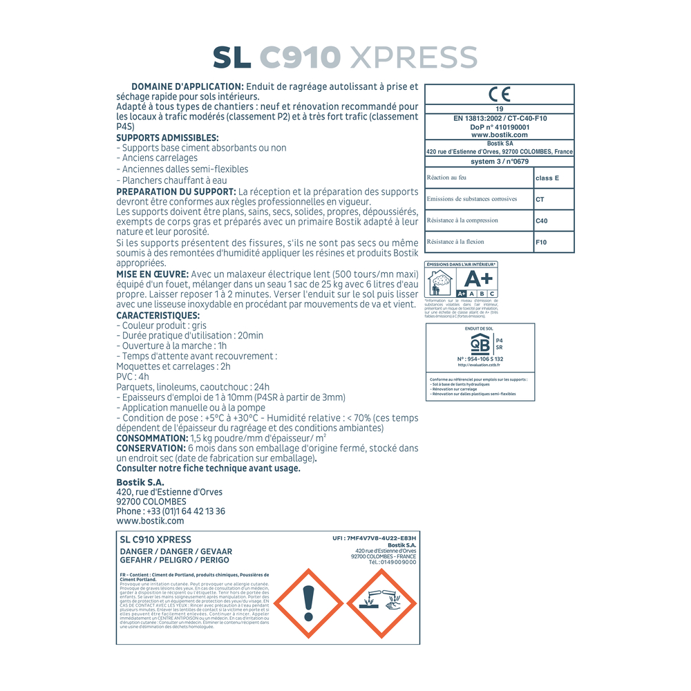 Enduit de ragreage de sols P4 SL C910 Express - Gris 25kg - BOSTIK - 30615458