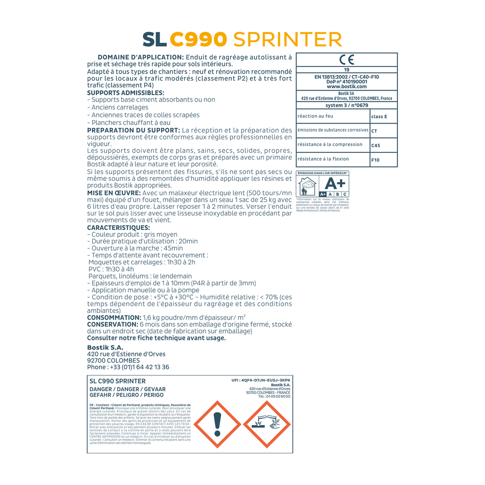 Enduit de ragréage autolissant SL C990 Sprinter - Poudre 25kg - BOSTIK - 30615459