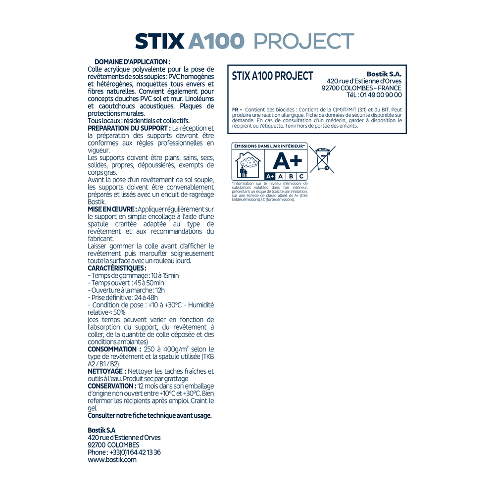 Colle acrylique Stix A100 project revêtements de sols - 20kg - BOSTIK - 30615492