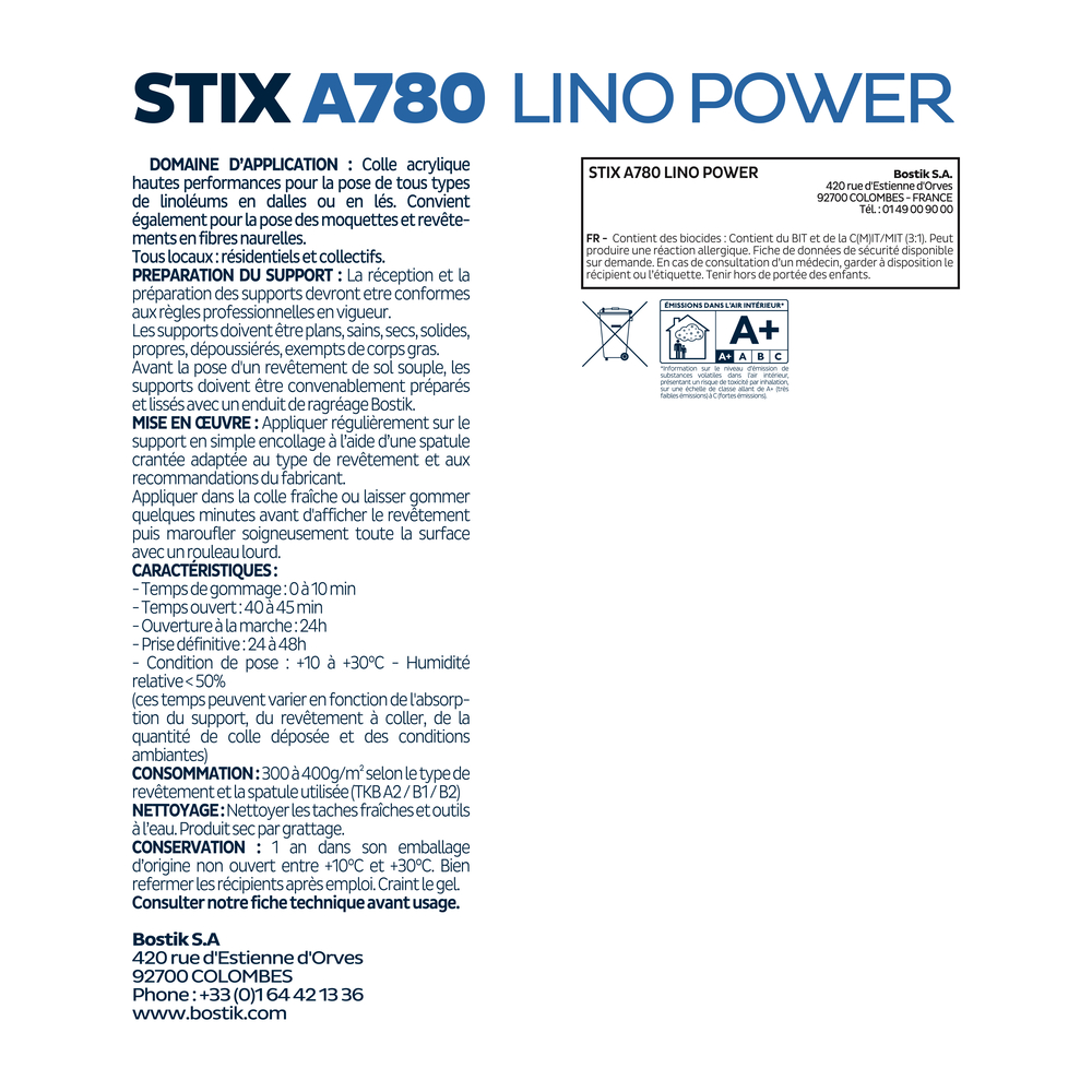 Colle Stix A780 Lino Power - Pour linoleums et fibres naturelles - Crème 20kg - BOSTIK - 30615495