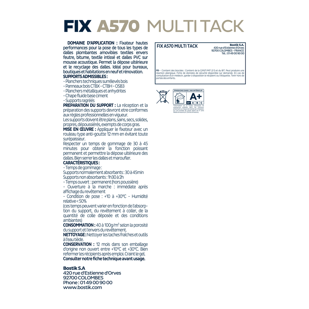 Produit de maintien dalles plombantes Fix A570 Multi Tack - Blanc 15kg - BOSTIK - 30615498