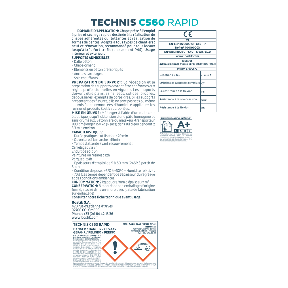 Mortier de chape prêt à gacher Technis C560 Rapid - Poudre grise 25kg - BOSTIK - 30615676