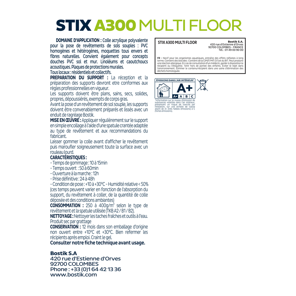 Colle acrylique pour revêtements de sols ou murs Stix A300 multi floor - Ivoire 6kg - BOSTIK - 30615677