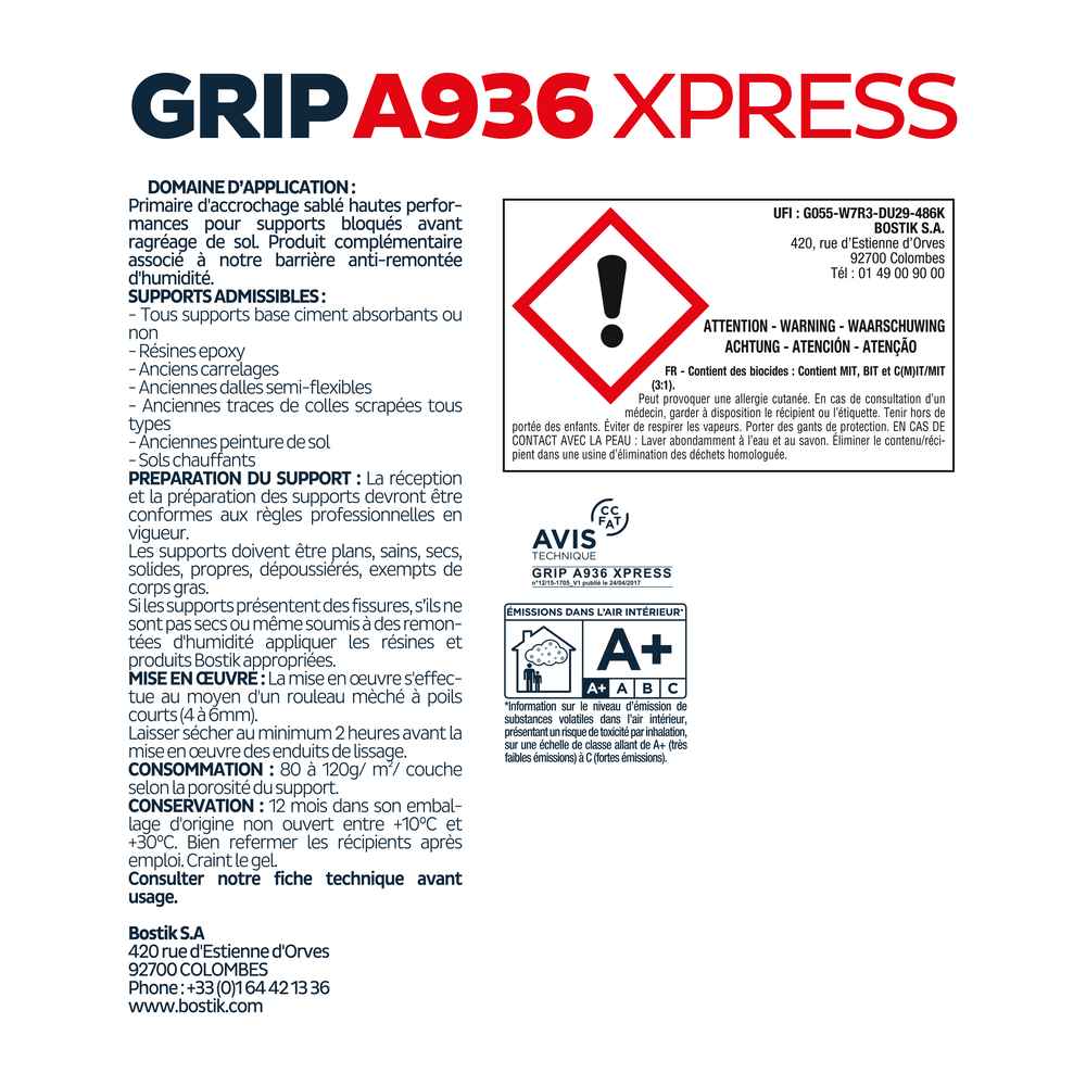Primaire en phase aqueuse Grip A936 Xpress Blanc - 7kg - BOSTIK - 30615707