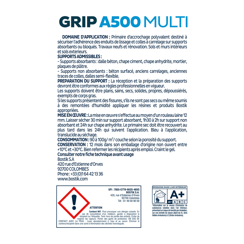 Primaire Grip A500 multi - Préparation de sols en phase aqueuse - Bleu 20kg - BOSTIK - 30615710
