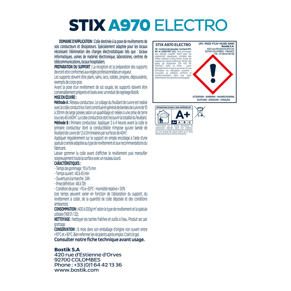Colle pour revêtements conducteurs Stix A970 Electro - Gris clair 12kg - BOSTIK - 30615714