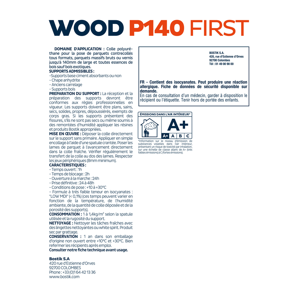 Colle polyurethanne Wood P140 first pour parquets grandes lames - Brun 21kg - BOSTIK - 30616177