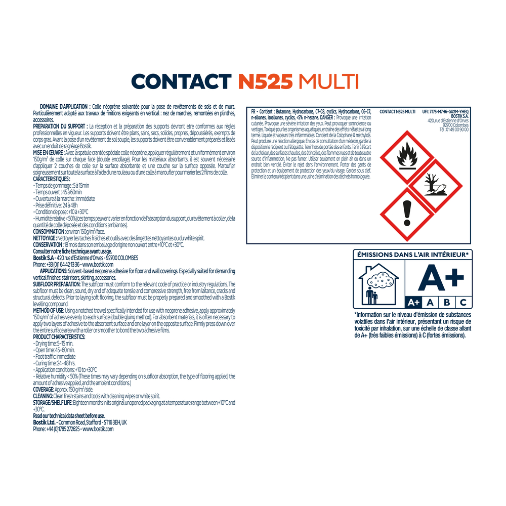 Colle contact multi-usages Contact N525 multi - Ambrée - Seau 15L - BOSTIK - 30617553