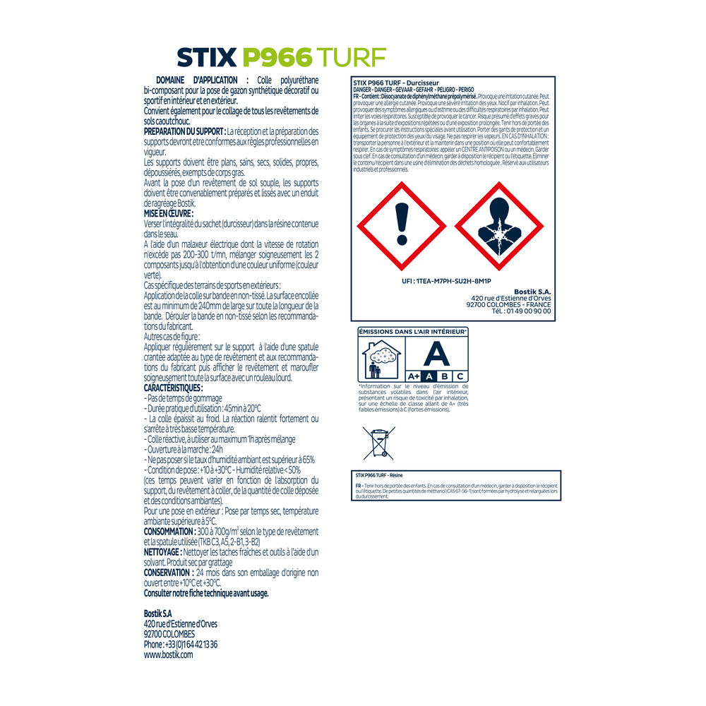 Colle polyuréthanne Stix P966 Turf pour pose gazons synthétiques - Vert 6kg - BOSTIK - 30617615