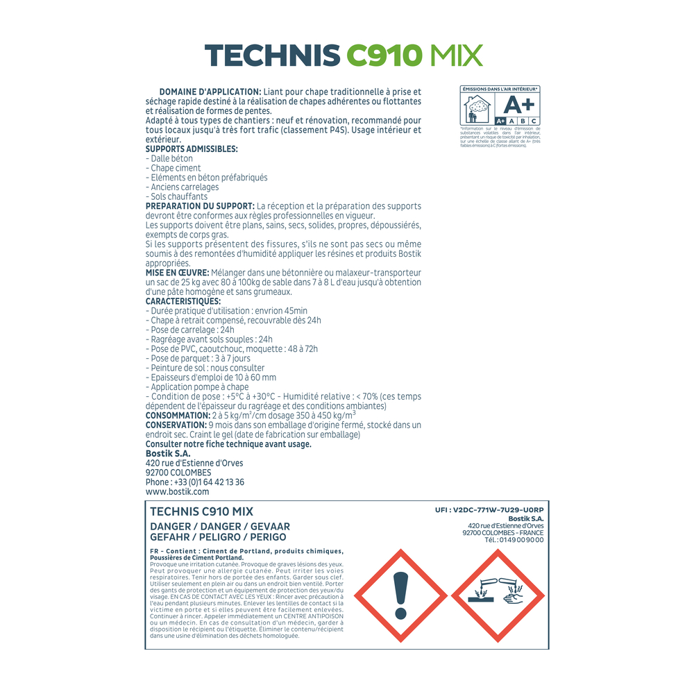 Liant pour chape Technis C910 mix - Poudre 25kg - BOSTIK - 30617956