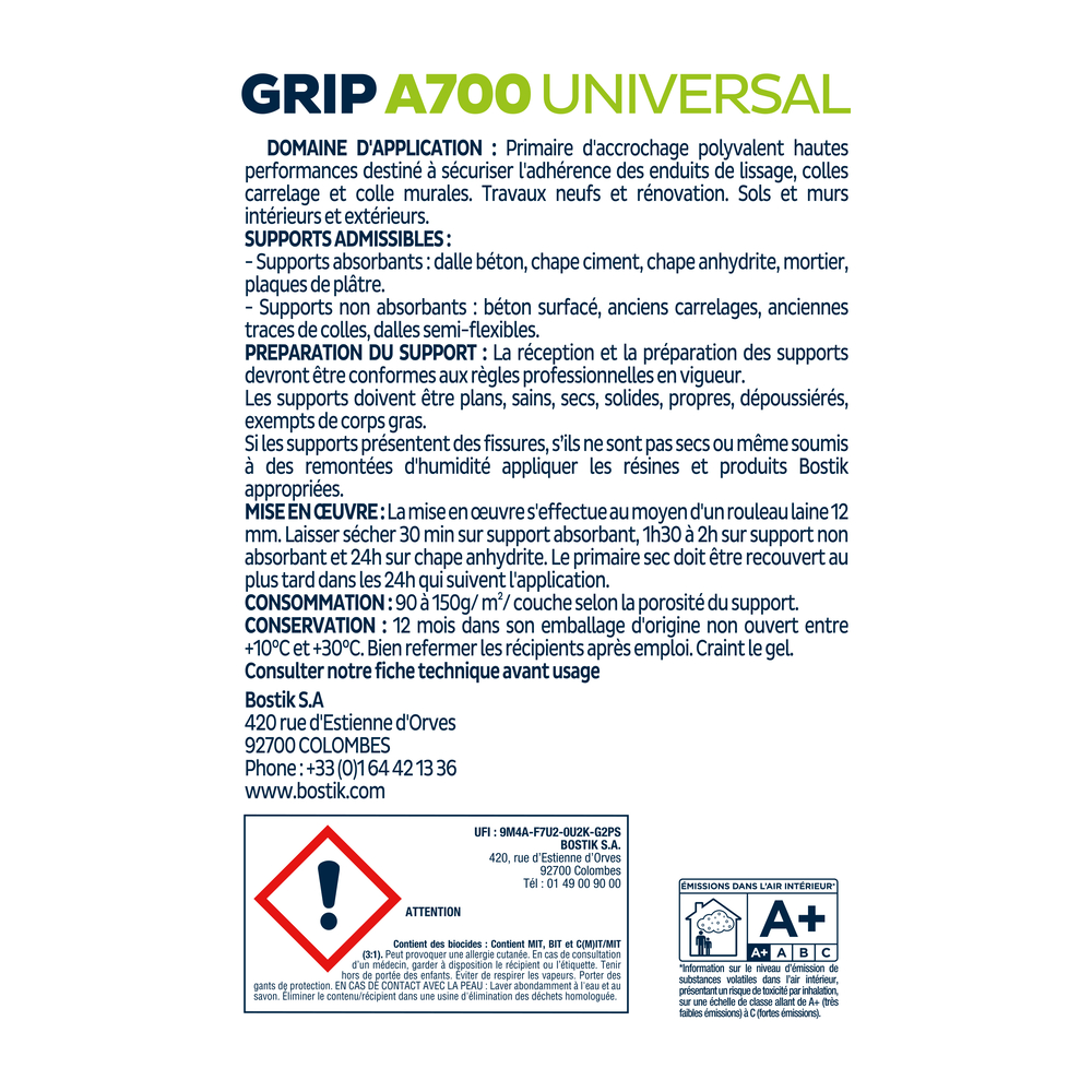 Grip A700 Universal - Préparation de sols - Polyvalent - Blanc - 5kg - BOSTIK - 30617957