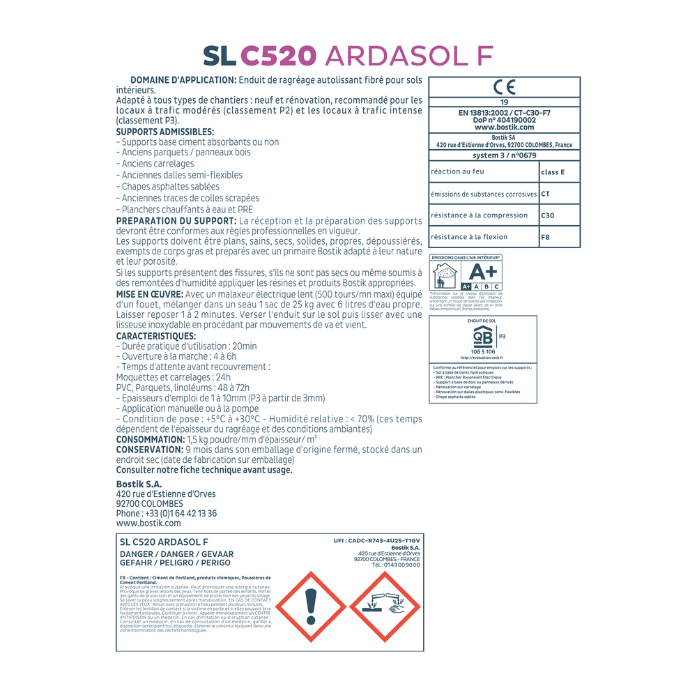 Enduit de lissage fibre spécial SL C520 Ardasol F - Rose - 25kg - BOSTIK - 30617959