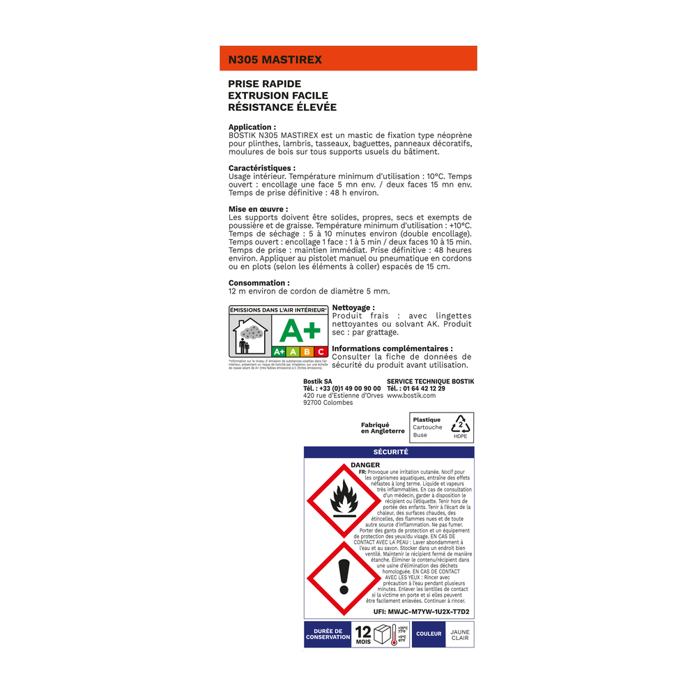 Mastic de fixation pour l'intérieur Mastirex - blanc 310 ml - Lot de 12 - BOSTIK - 30618024