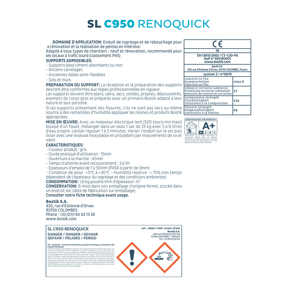 Ragréage pour réalisation de pentes SL C950 Renoquick - Gris 10kg - Lot de 2 - BOSTIK - 30618310