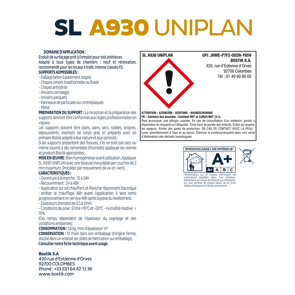 Enduit de lissage en pâte SL A930 Uniplan gris ciment - 15kg - BOSTIK - 30618765