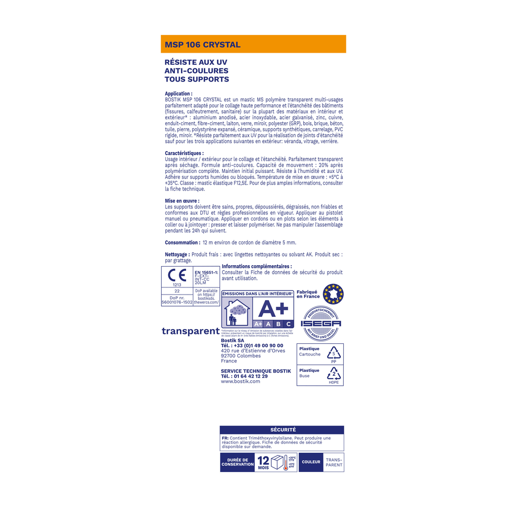 Mastic d'étanchéité et fixation MSP 106 Transparent - 290 ml - Lot de 12 - BOSTIK - 30619897