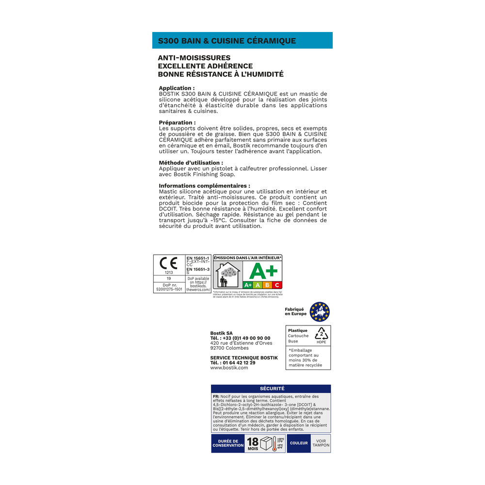  Mastic silicone S300 Bain et Cuisine céramique translucide - 300 ml - Lot de 12 - BOSTIK - 30622793