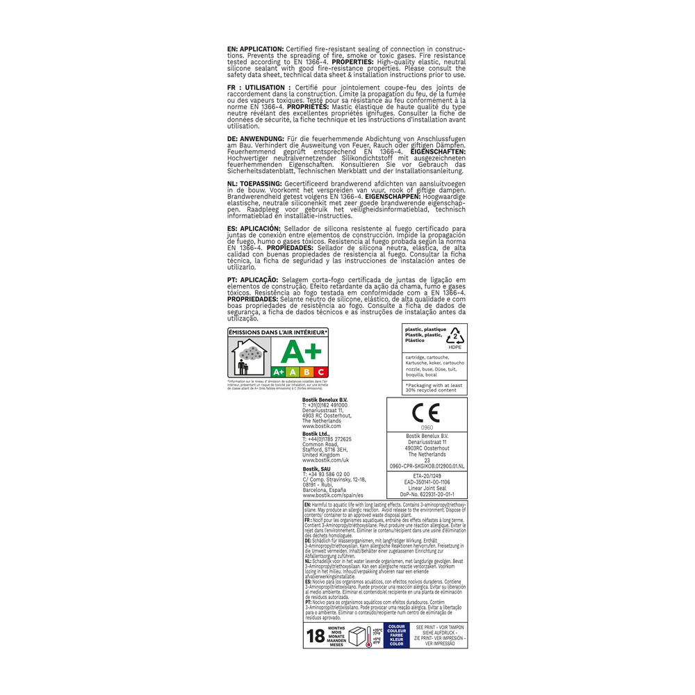 Mastic de silicone ignifuge FP402 fireseal silicone Gris 310 ml - Lot de 12 - BOSTIK - 30622929
