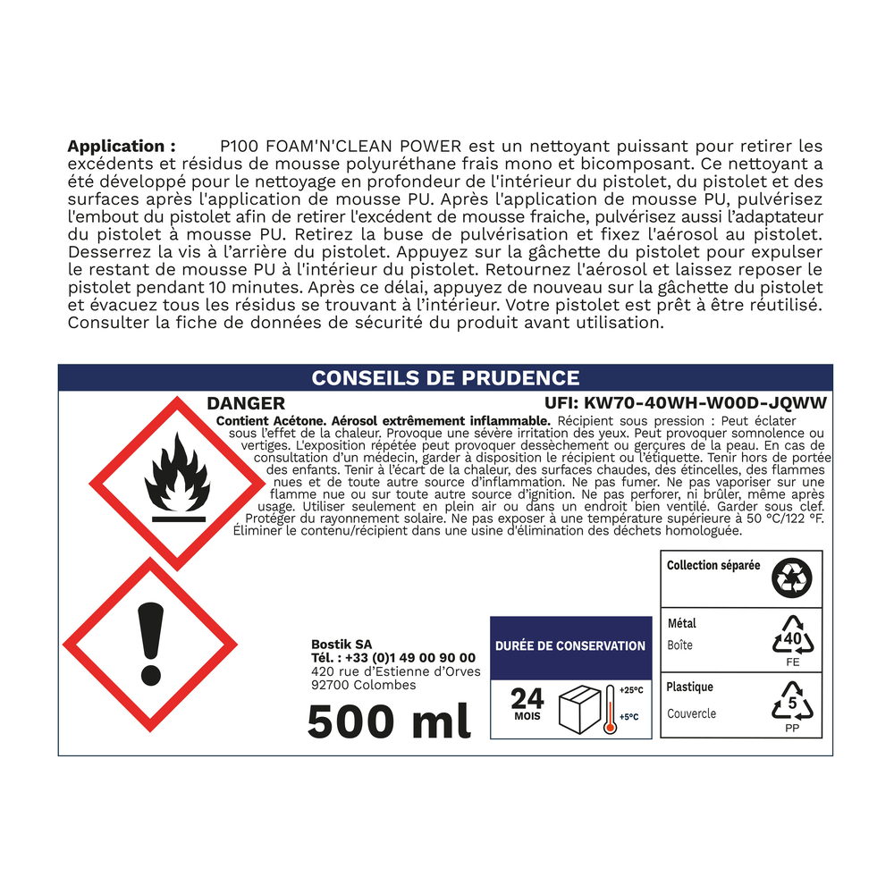 Mousse polyuréthane FOAM’N’CLEAN POWER P100 - 500ml - Lot de 12 - BOSTIK - 30622987