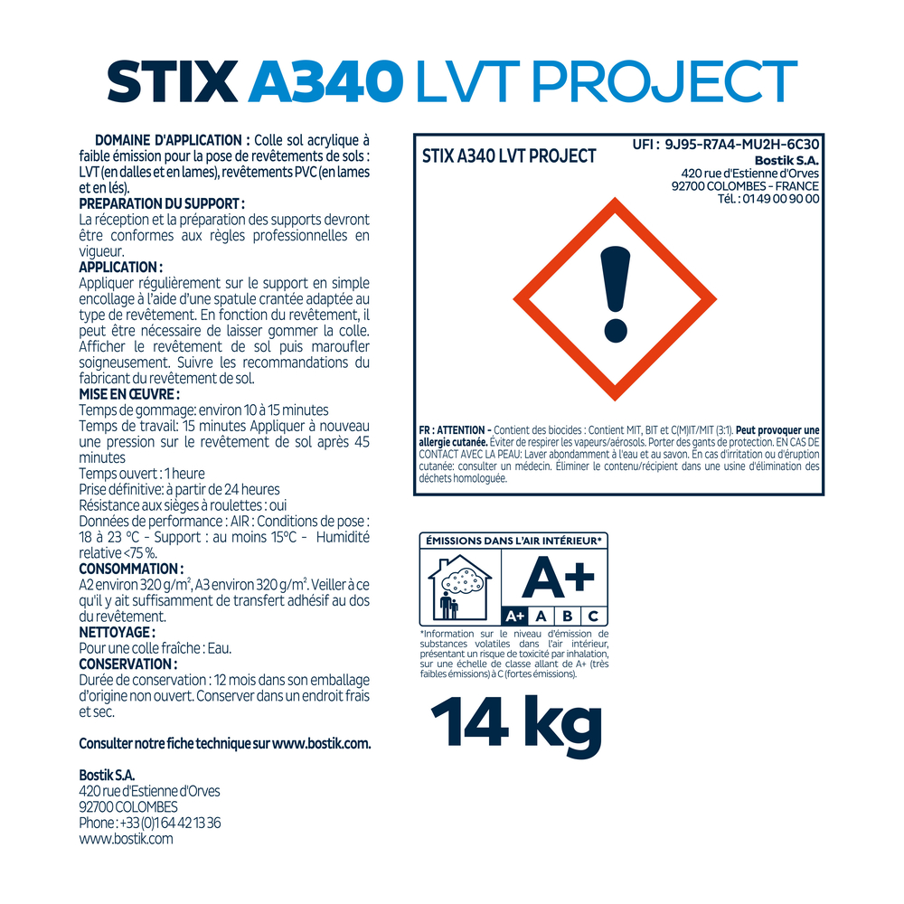 Colle acrylique Stix A340 LVT project - Idéal revêtements LVT Ivoire 12kg - BOSTIK - 30623350