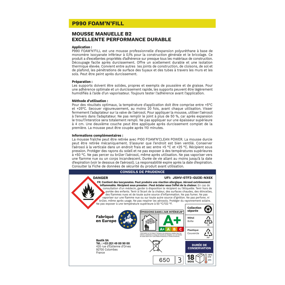 Mousse polyuréthane FOAM'N'FILL P990 - Blanc 500ml - Lot de 12 - BOSTIK - 30623788