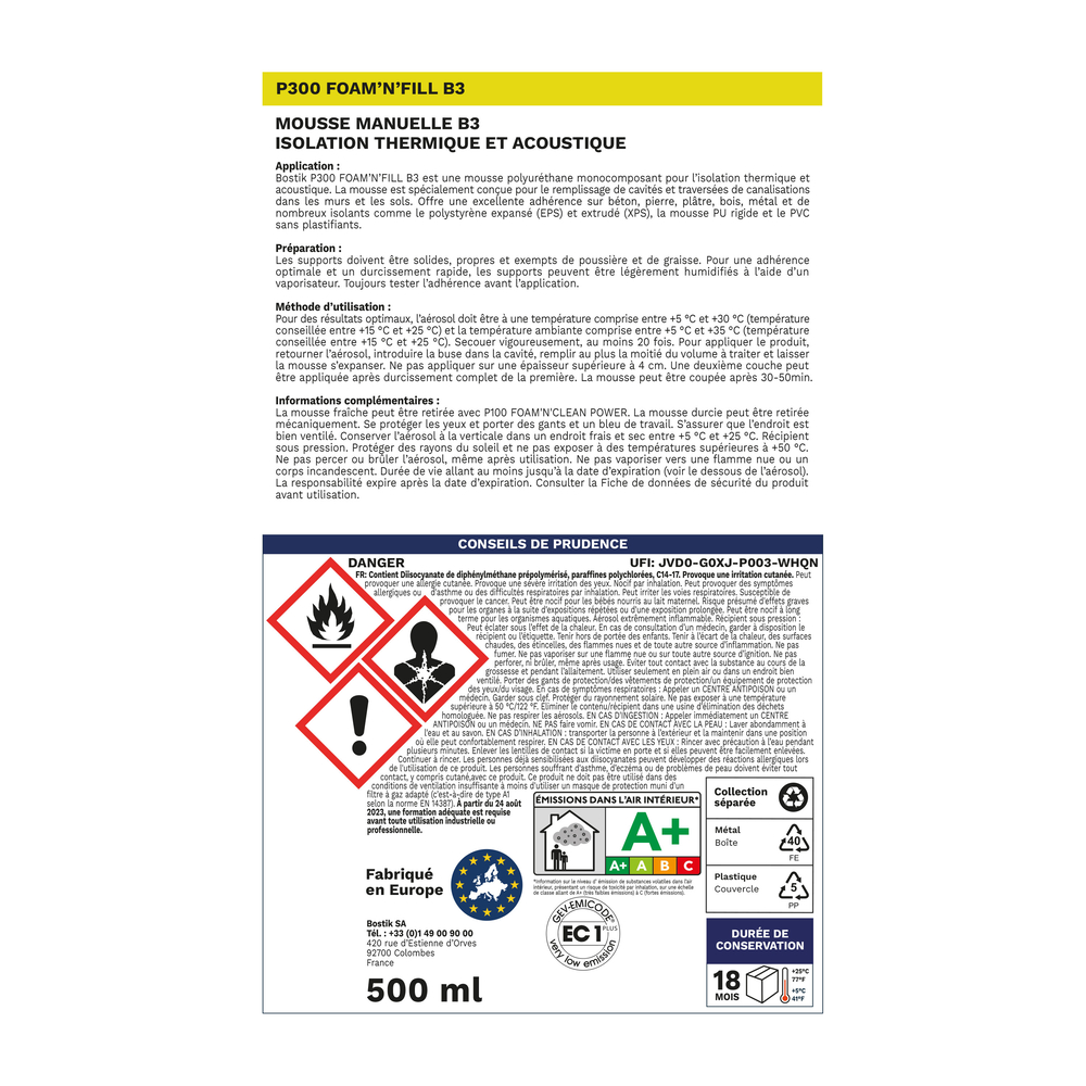 Mousse polyuréthane FOAM’N’FILL B3 P300 - blanc 500ml - Lot de 12 - BOSTIK - 30623825