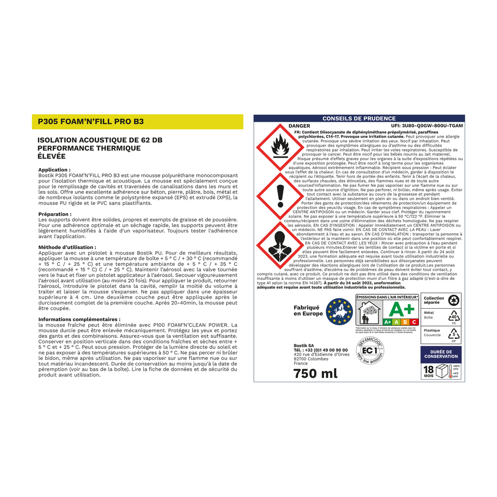 Mousse polyuréthane pistolable FOAM’N’FILL PRO B3 P305 - beige 750ml - Lot de 12 - BOSTIK - 30623826