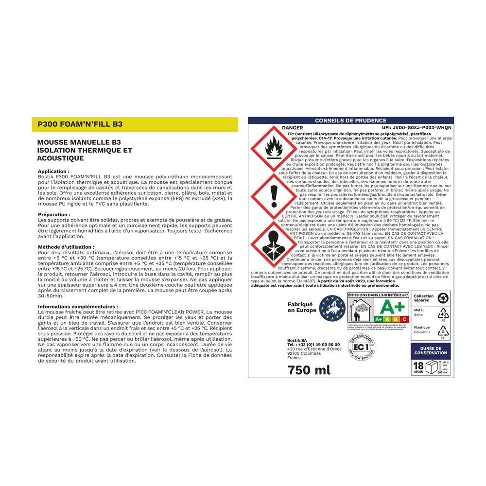 Mousse polyuréthane FOAM’N’FILL B3 P300 - blanc 750ml - Lot de 12 - BOSTIK - 30623863