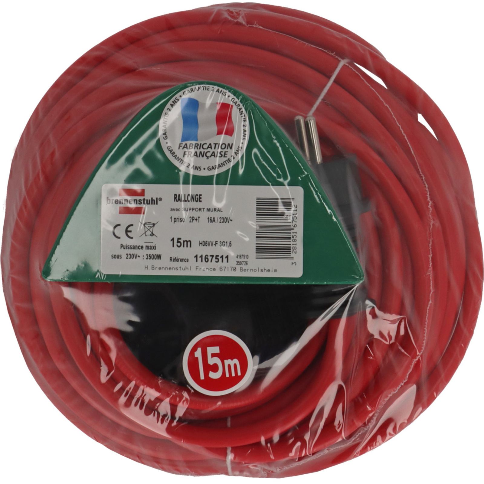 Rallonge électrique avec support de rangement mural 15m H05VV-F 3G1,5 rouge BRENNENSTUHL - 1167511