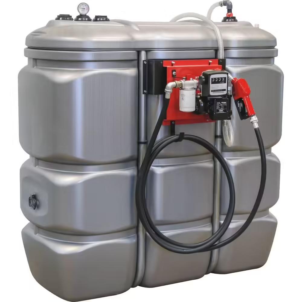 Cuve de stockage DP 1500L gasoil avec contrôle de niveau et station gasoil 230V 60 l/min pistolet automatique DRAKKAR
