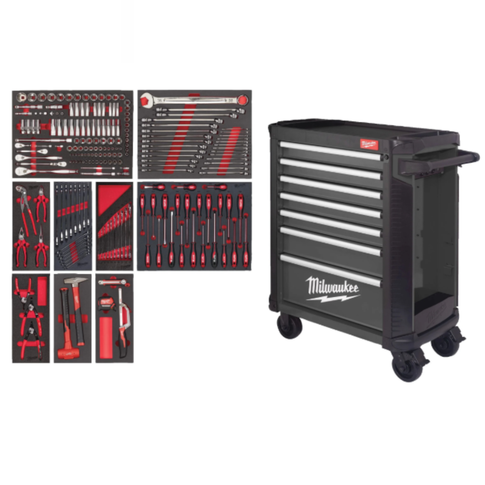 Servante MILWAUKEE TOOLGUARD 7 tiroirs équipée + servante PACKOUT