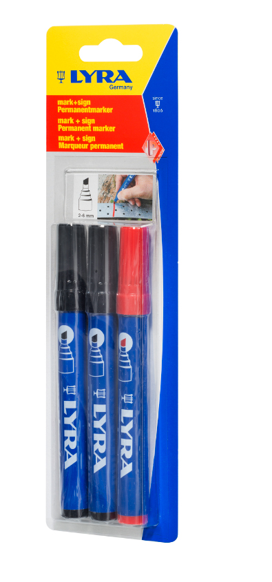 PACK DE 3 MARQUEURS LYRA PERMANENTS 2 NOIRS ET 1 ROUGE MARK+SIGN POINTE BISEAUTÉE 2-6 MM - 4018005