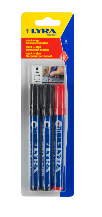 Pack LYRA 3 Marqueurs permanents 2 noirs 1 rouge ogive 1-4 mm - 4028005