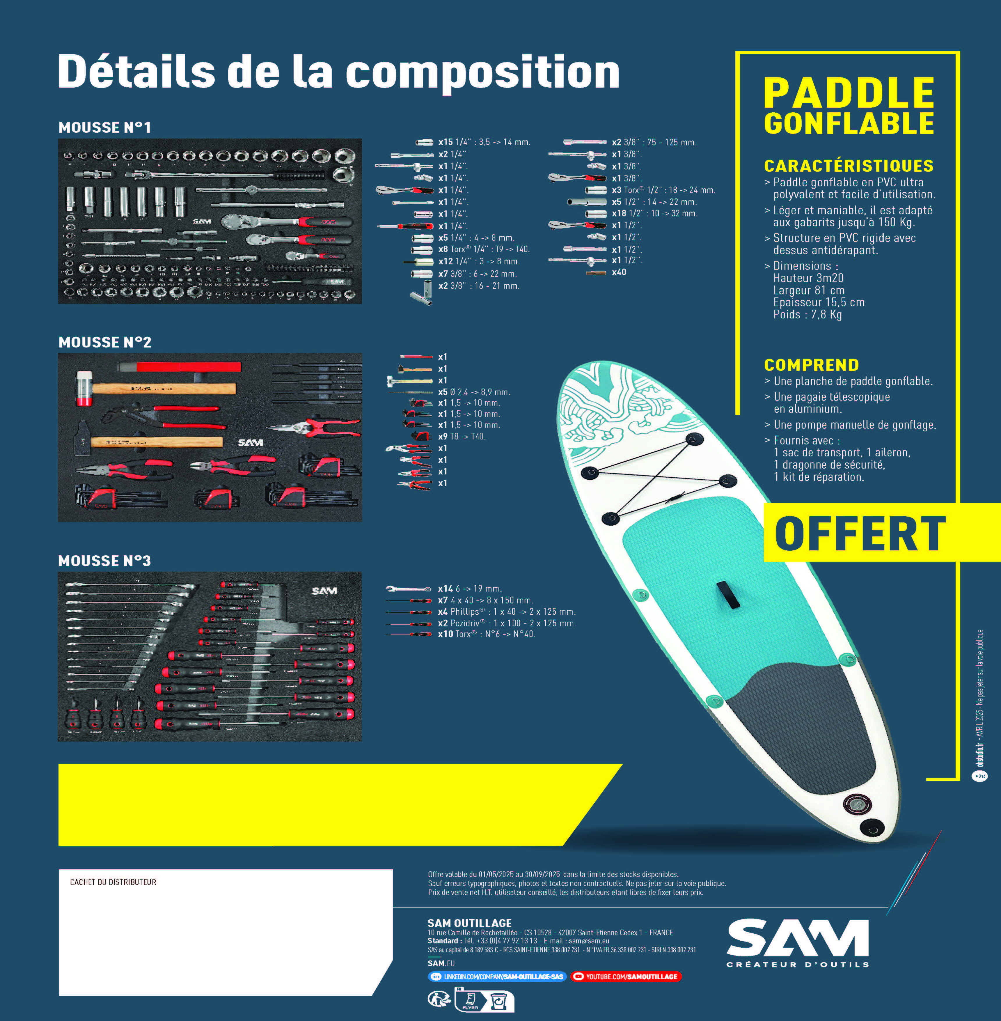 SERVANTE 6 TIROIRS 224 OUTILS COMPOSITION MAINTENANCE INDUSTRIELLE + PADDLE GONFLABLE OFFERT SAM OUTILLAGE - CPP-224PM6