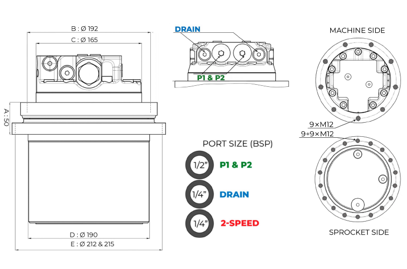 Motoréducteur MECATRA JCB 8025/VOLVO EC25 EC30/ KUBOTA KX61 pour machine de 2,5 tonnes - TPMRC25A