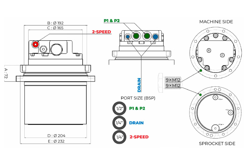 Motoréducteur MECATRA JCB 803/KUBOTA KX121-3/YANMAR B37 pour machine de 3 à 4 tonnes - TPMRC34A