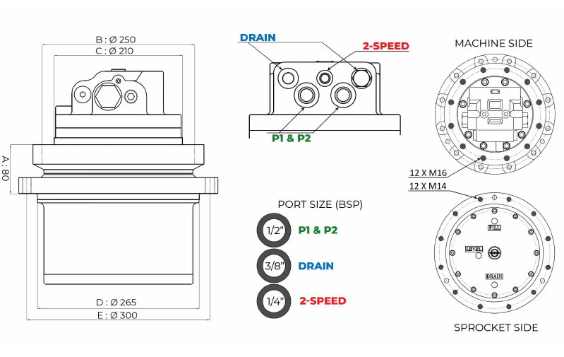 Motoréducteur MECATRA YANMAR VIO75 TAKEUCHI TB180FR KOMATSU PC75R-2 JCB 8080 CATERPILLAR 307 pour machine de 7 à 8 tonnes - TPMRC78A