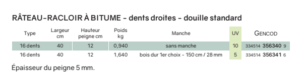 RATEAU RACLOIR A BITUME 16 DENTS - 40CM SANS MANCHE FORGES DE MAGNE - 356340