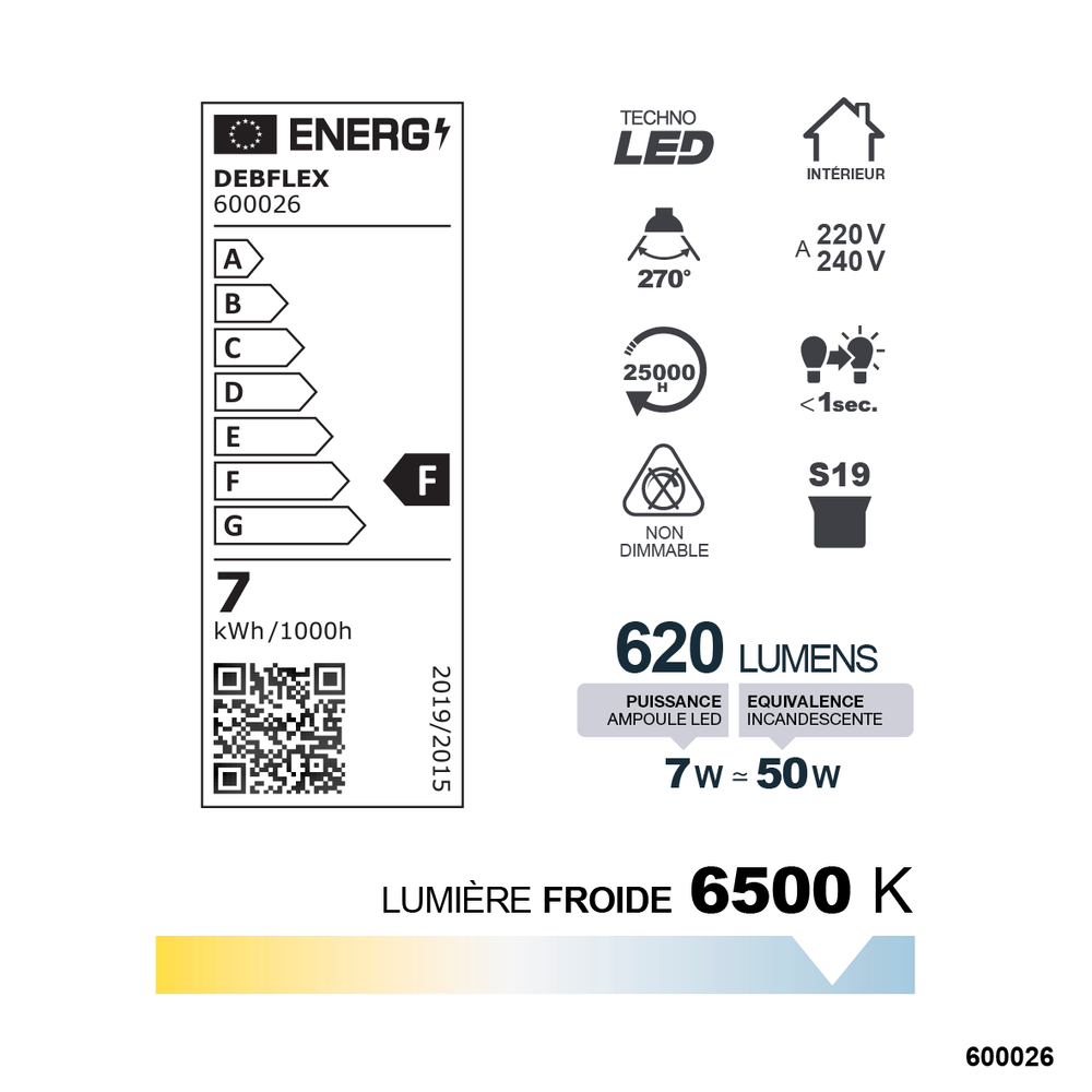 TUBE LINOLITE LED 310MM S19 7W 6500K 620LM BLANC - DEBFLEX - 600026