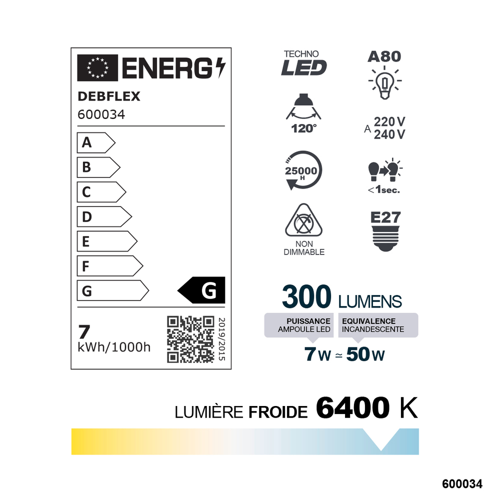 AMPOULE A80 ANTI COUPURE VERRE BLANC E27 7W 6400K 300LM - DEBFLEX - 600034