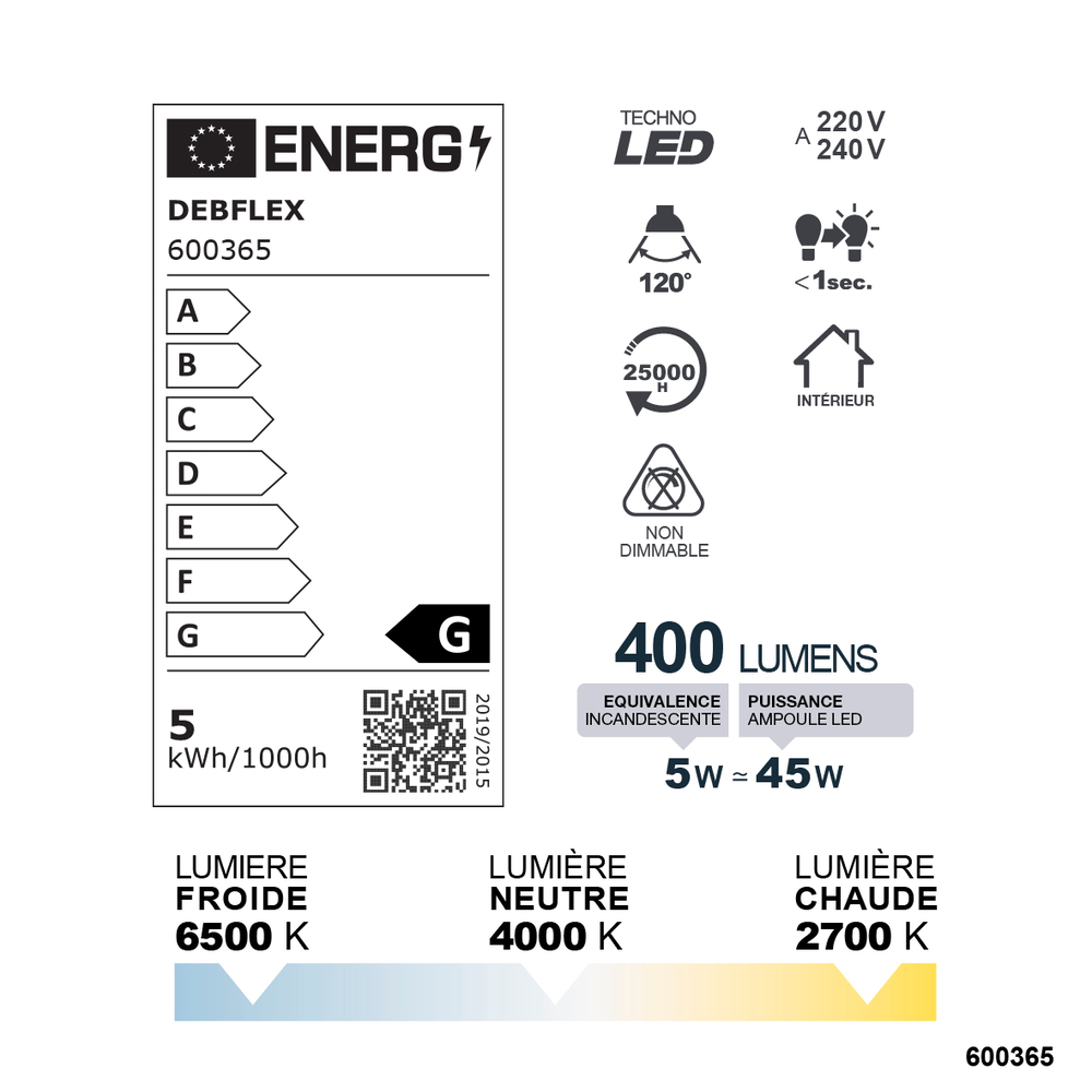 DOWNLIGHT Ø75MM SMD VERRE BLANC  5W TRIMAX 400LM - DEBFLEX - 600365