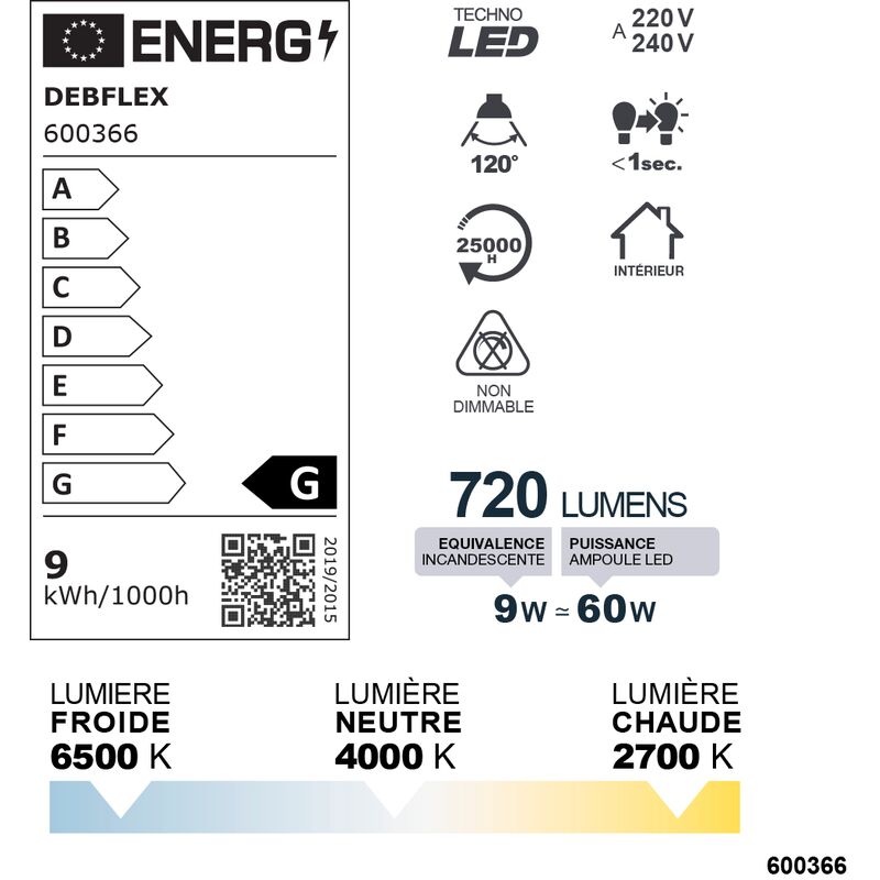 DOWNLIGHT Ø90MM SMD VERRE BLANC  9W TRIMAX 720LM - DEBFLEX - 600366