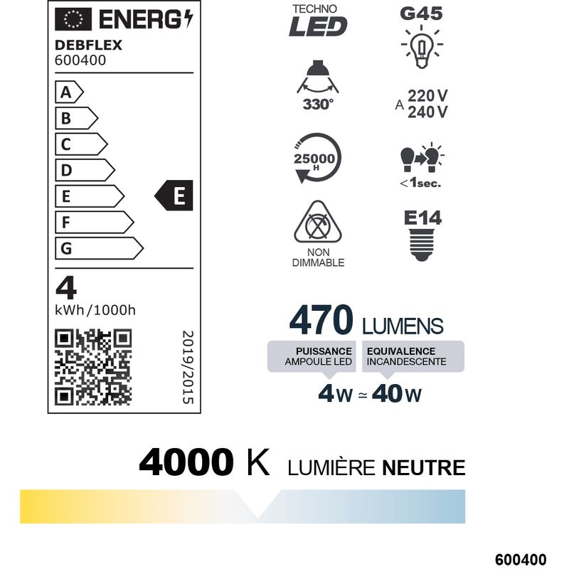 AMPOULE G45 LED BLANC E14 4W 4000K 470lm - DEBFLEX - 600400
