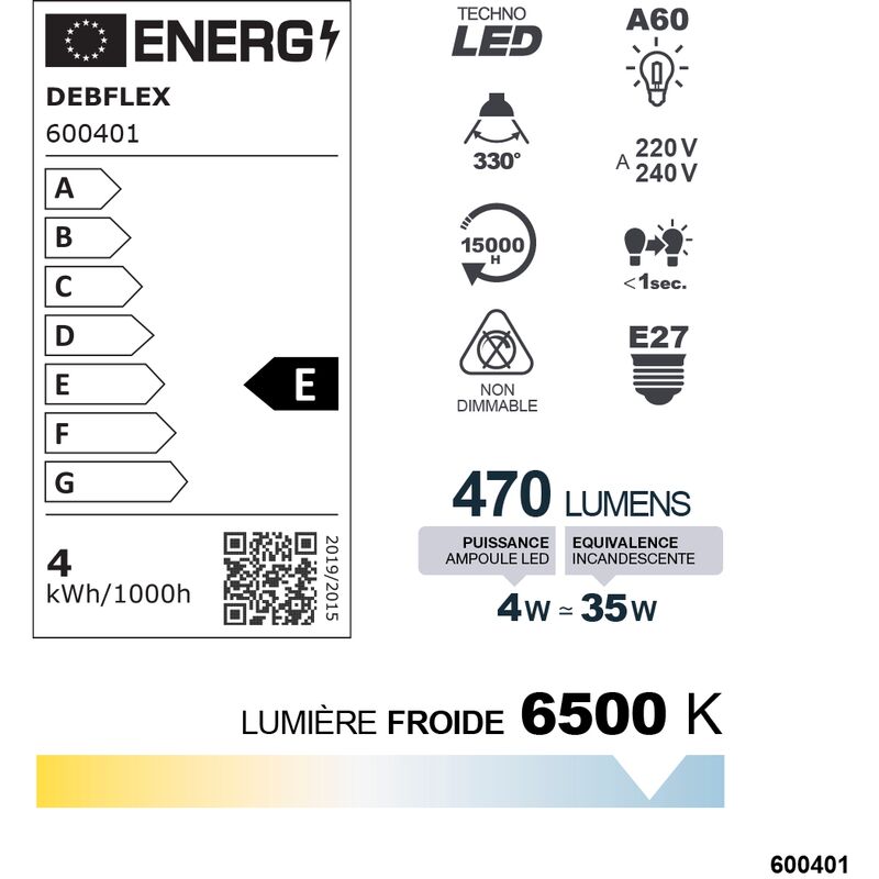 AMPOULE A60 LED BLANC E27 4W 6500K 470lm - DEBFLEX - 600401
