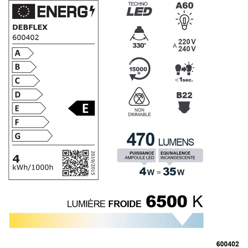 AMPOULE A60 LED BLANC B22 4W 6500K 470lm - DEBFLEX - 600402