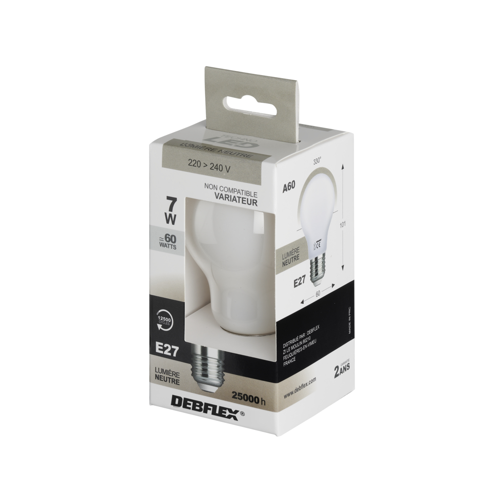 AMPOULE A60 LED BLANC E27 7W 4000K 810lm - DEBFLEX - 600403